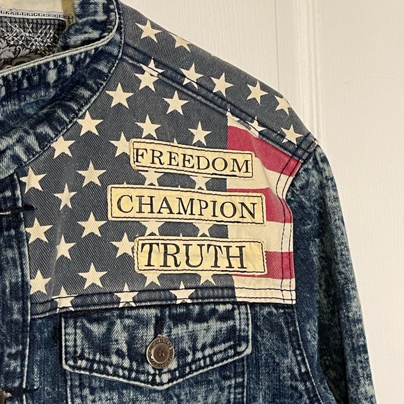 VTG 1738 Original Brand Original Women's American Flag Denim Blue Large Jacket - Picture 2 of 6